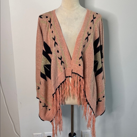 Peace Dove Pink Aztec Print Metallic Fringe Knit Cardigan Sweater Small Boho - Picture 2 of 10